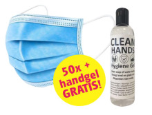 dnl mondkapjes 3 laags 50 stuks + GRATIS handgel 250ml 
