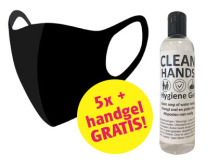 dnl Mondkapjes zwart + GRATIS handgel 5 stuks + 250ml