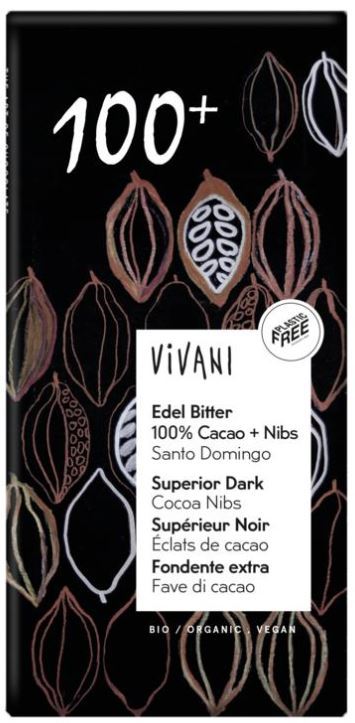 Vivani Chocolade puur superieur 100% + cacao nibs 10 x 80 gram