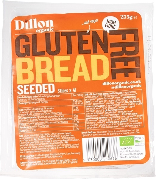 dillon organic Seeded gluten free sliced bread 275 Gram