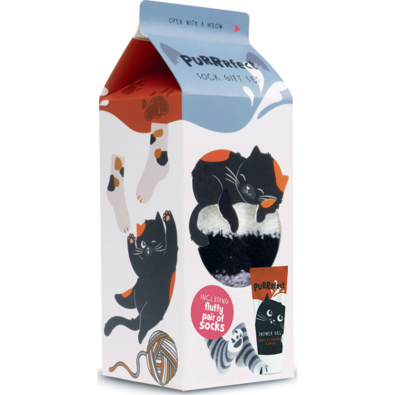 Purrrfect badgeschenkset in bedrukte kartonnen melkdoos met