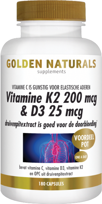 Golden Naturals Vitamine K2 200 mcg & D3 25 mcg 180 vegetarische capsules