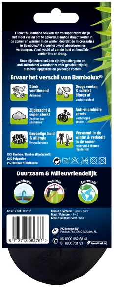 Lucovitaal Bamboe Enkelsok Zwart 43-46 1 paar