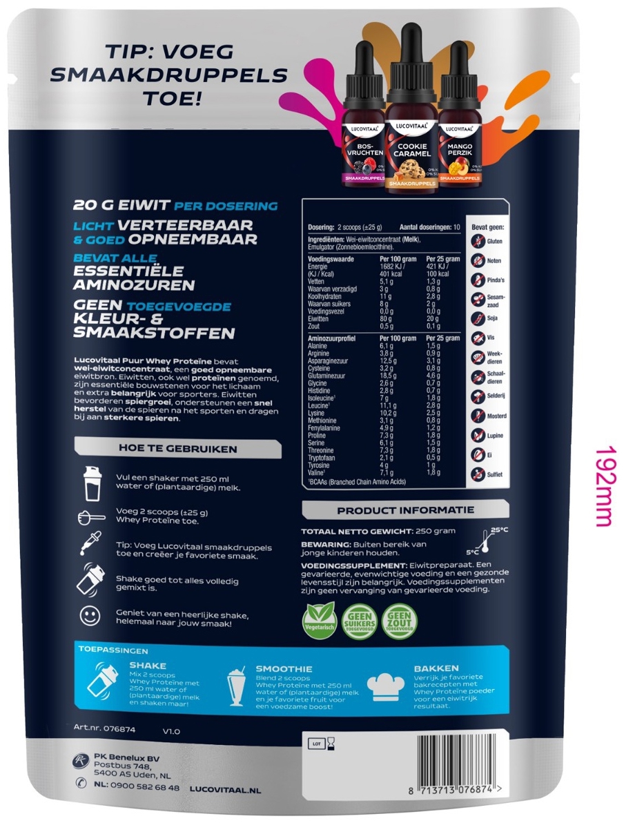 Lucovitaal Protein Whey Poeder Puur 250 Gram