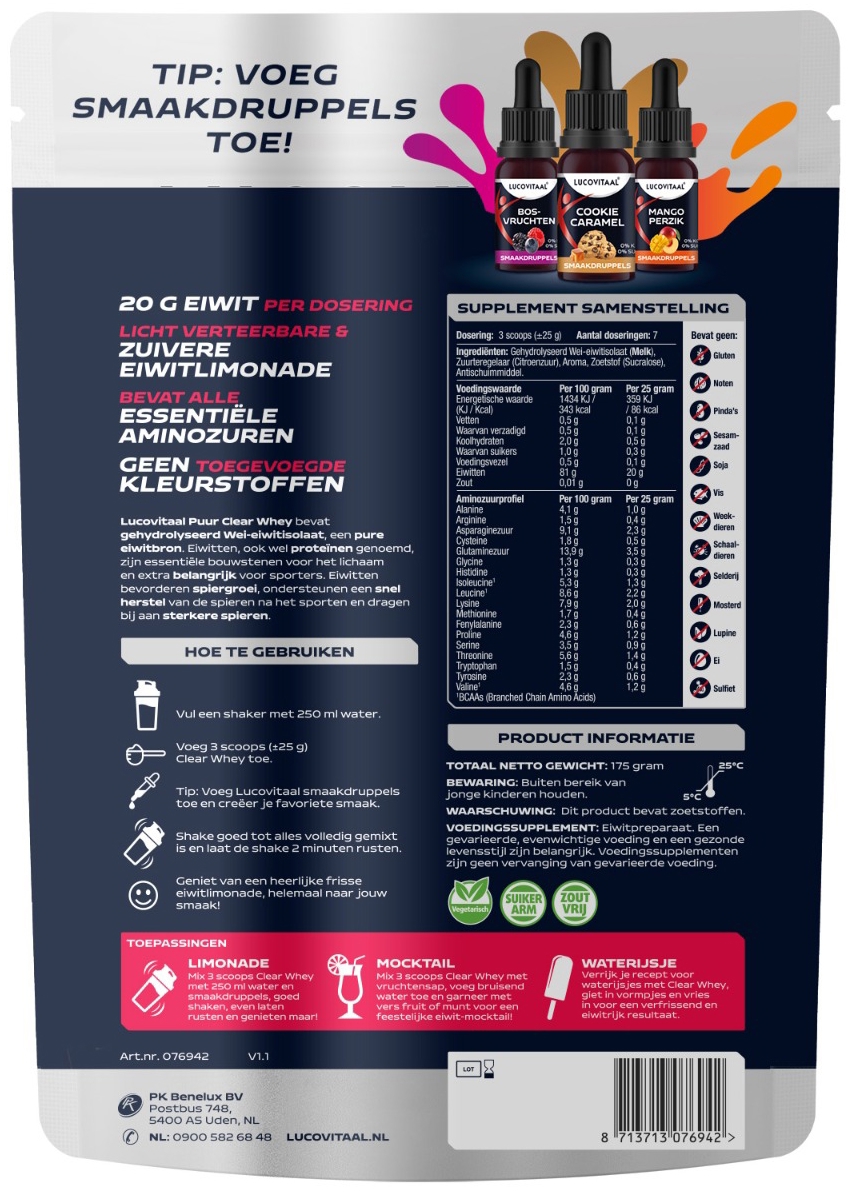 Lucovitaal Clear Whey Poeder Puur 175 gram