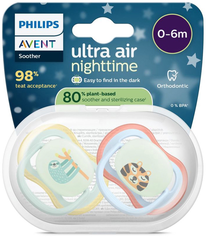 Philips Avent Fopspeen +0m Air Nacht Luiaard/Leeuw 2 stuks