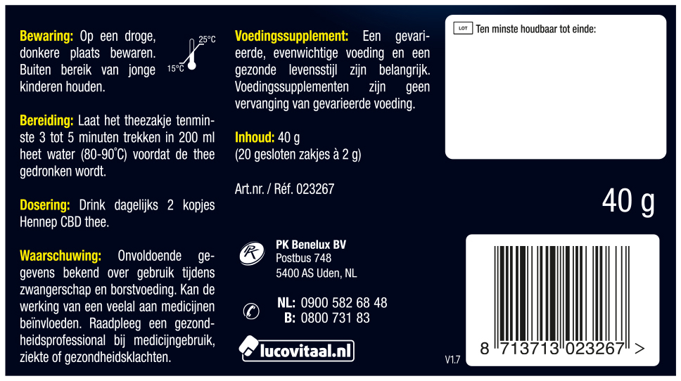Lucovitaal Hennep CBD Thee 20 zakjes