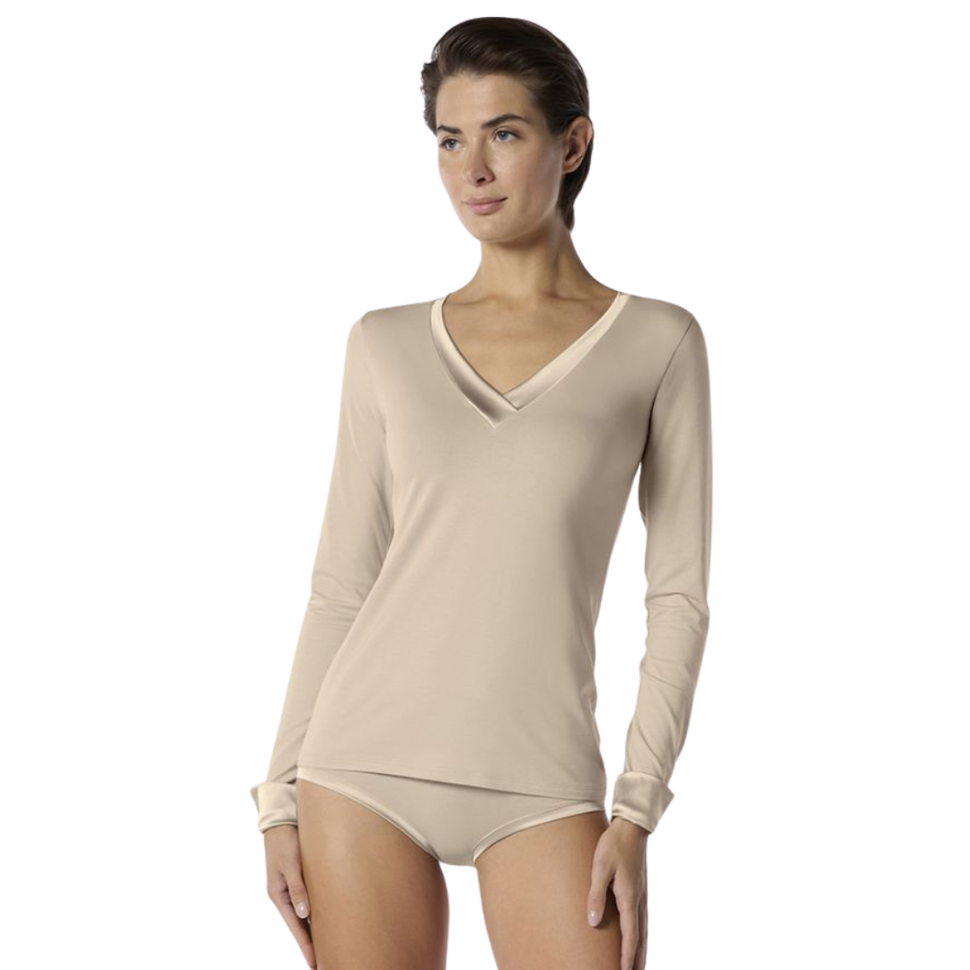 Dames Perfect Line Cotton - T-shirt V-neck Long Sleeve Sand